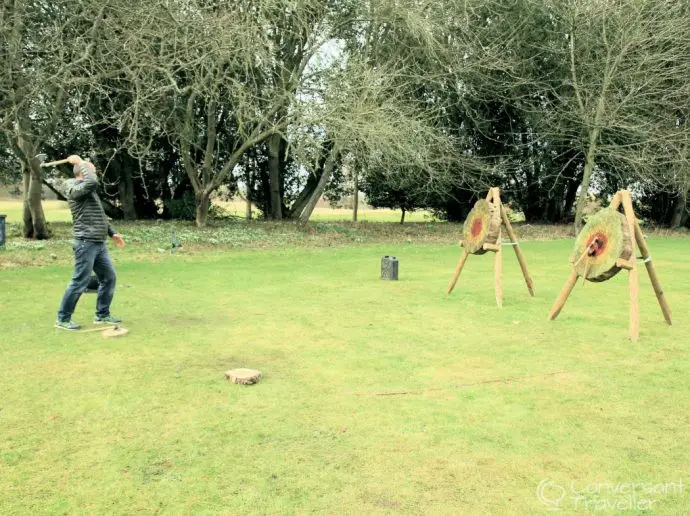 Tomahawk throwing at Roxburghe Shooting School at Roxburghe Hotel near Kelso in the Scottish Borders