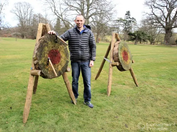 Tomahawk throwing at Roxburghe Shooting School at Roxburghe Hotel near Kelso in the Scottish Borders