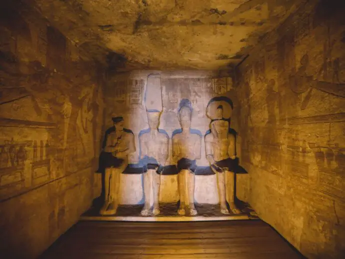 Stone statues of gods inside a temple in Abu Simbel in Egypt