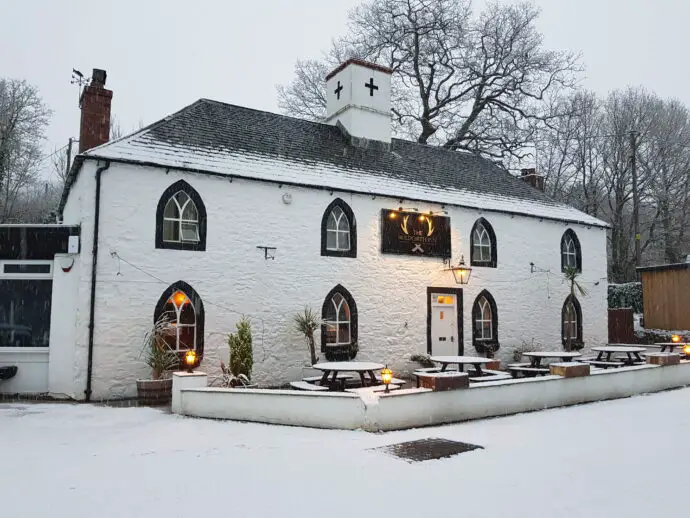 White building with snow all around